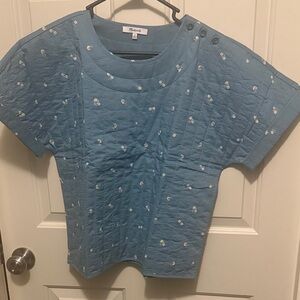 Madewell Blue Quilted Short-Sleeve Top with White Floral Dots